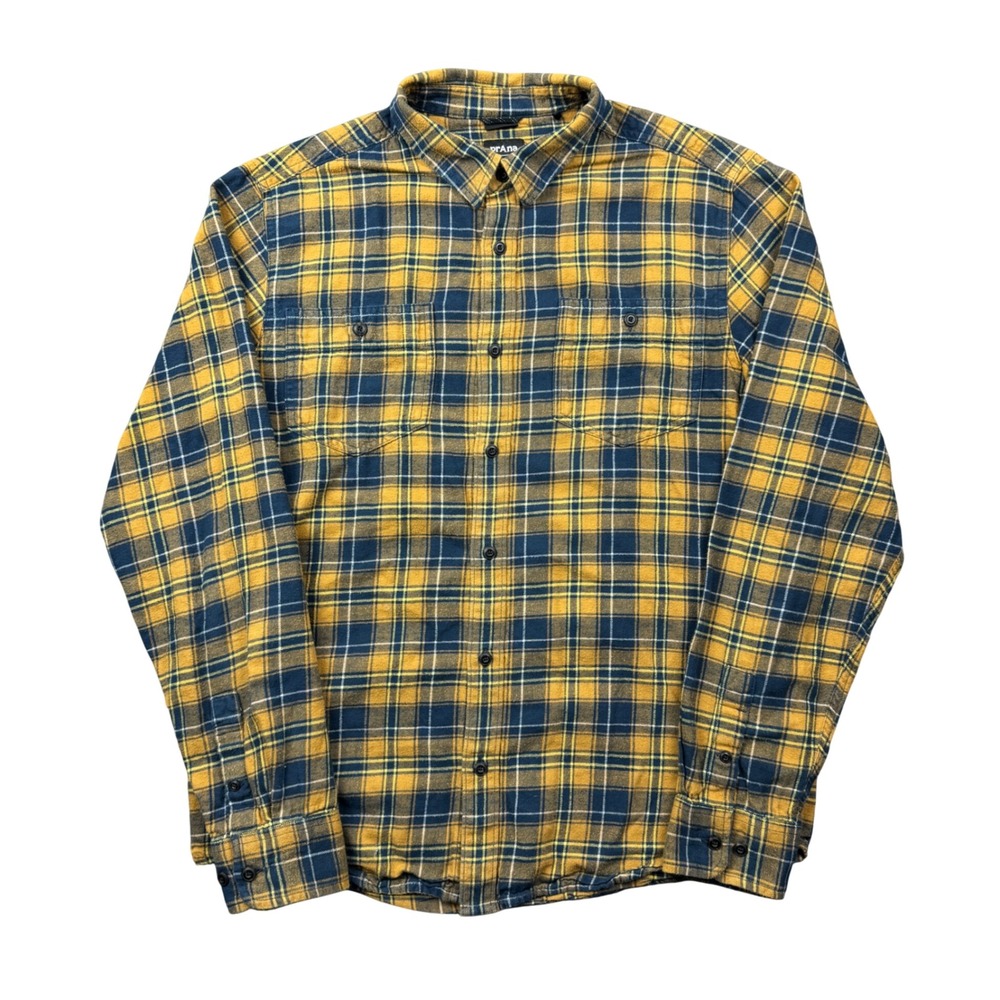 Prana Men Medium Slim Fit Dolberg Flannel Shirt Plaid Yellow Navy Blue Button Up
